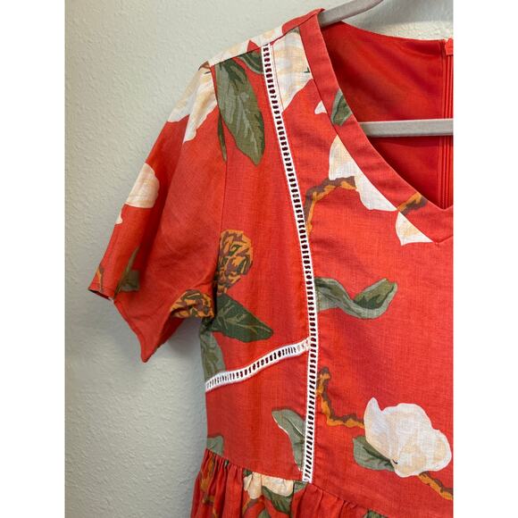 Roolee 100% linen V-neck Fit Flare Women's Red Floral Magnolia Dress Size Small - Picture 4 of 11